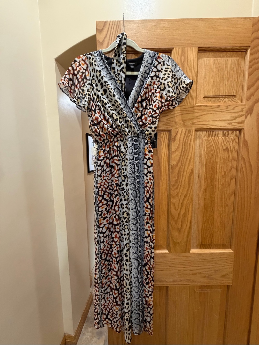 Express Animal & Snake Print Wrap Jumpsuit - Black, White, Brown, Orange